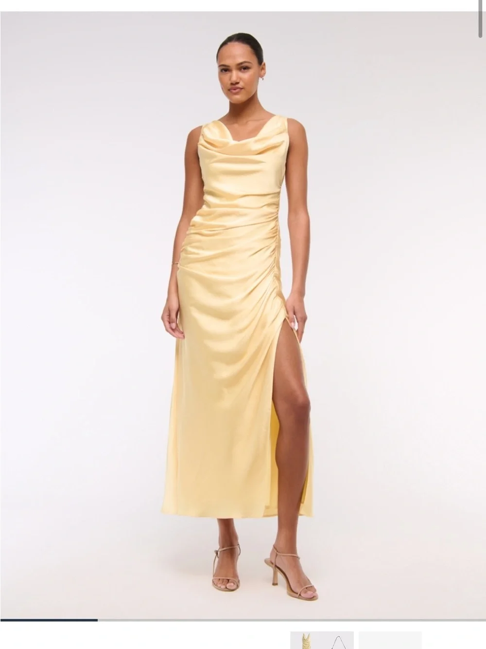 Satin Cowl Neck Ruched Midi Dress - Yellow